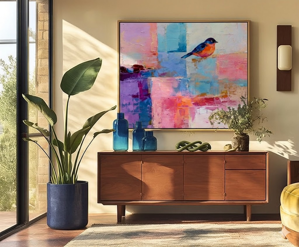 Modern Abstract Bird Painting With Pastel Colors For Living Room Decor