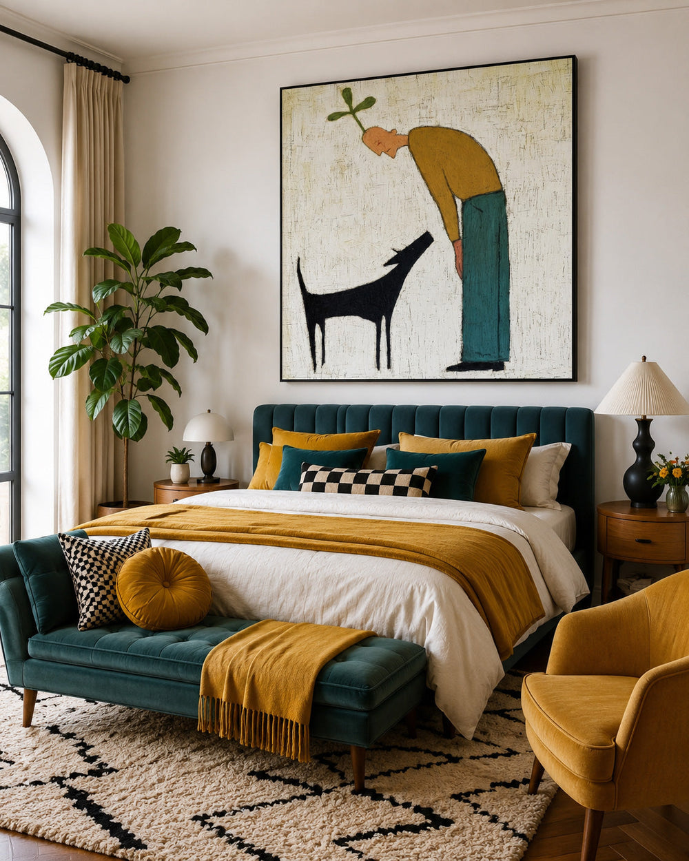 Whimsical Man And Dog Painting Minimalist Square Canvas Art For Modern Living Room Decor