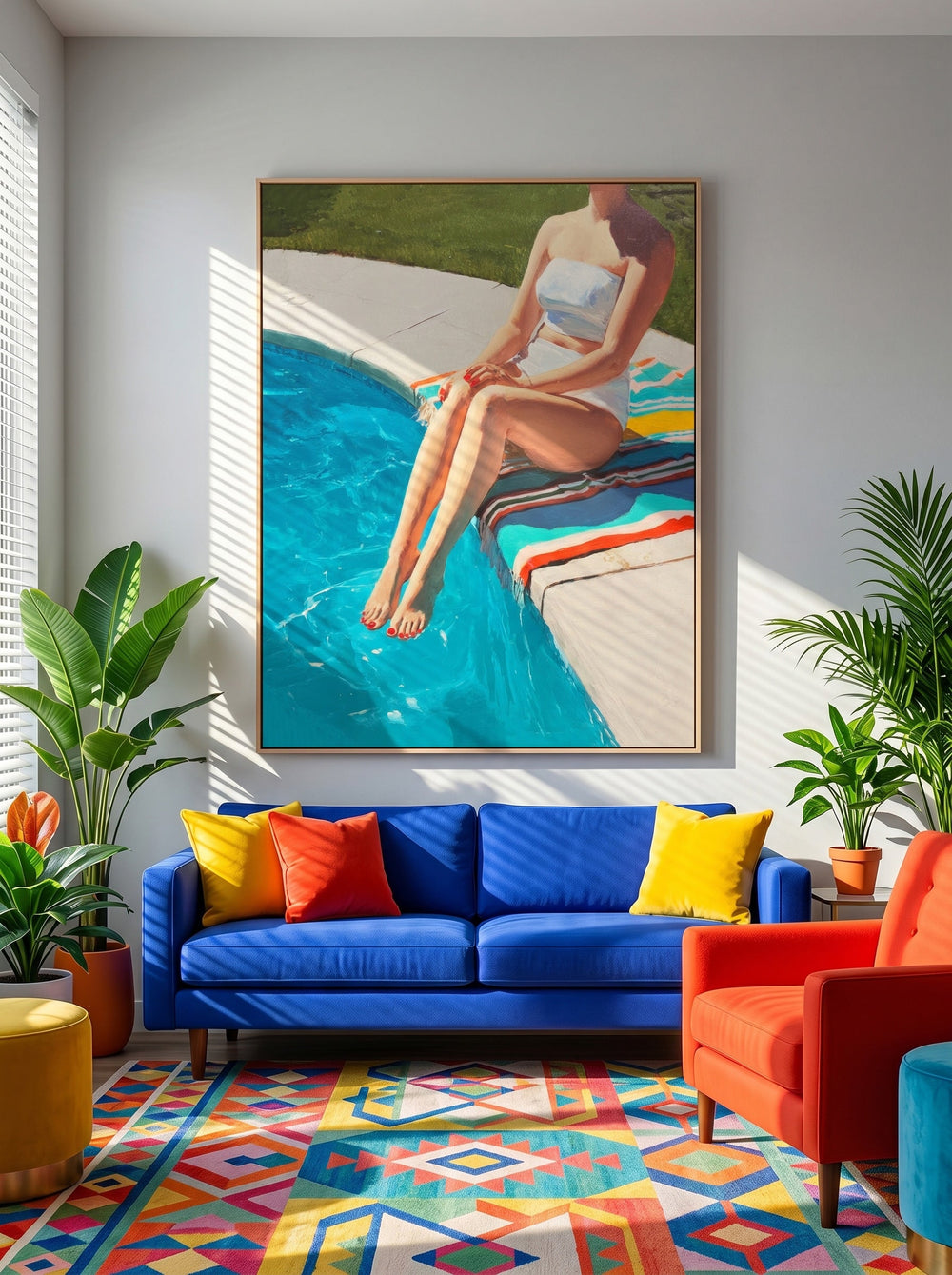 Poolside Figure Painting For Modern Home Decor With Vibrant Blue Tones