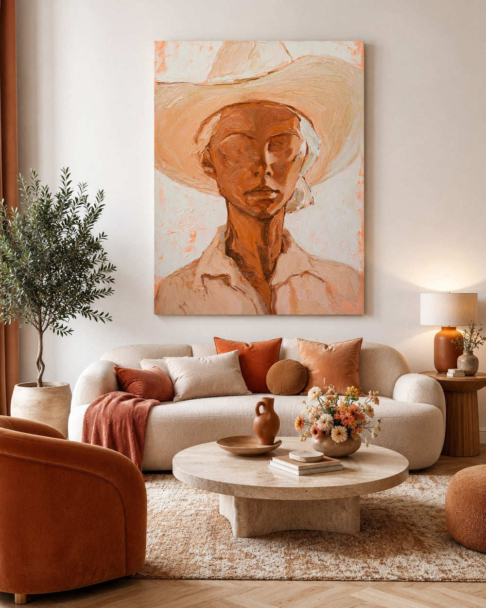 Original Oil Painting Of Woman In Hat With Expressive Texture For Entryway And Hallway
