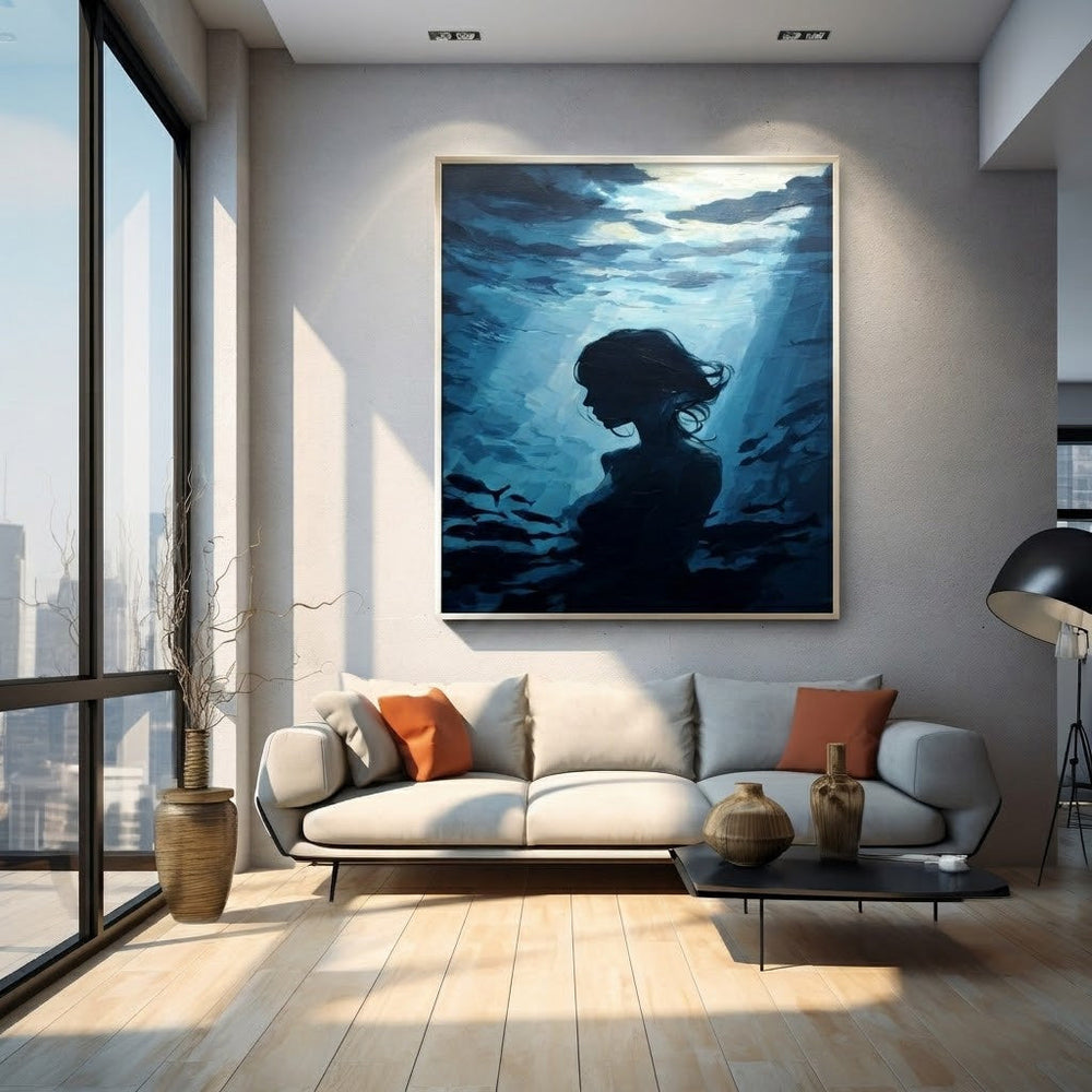Blue Underwater Woman Portrait Oil Painting On Linen Canvas For Living Room Decor