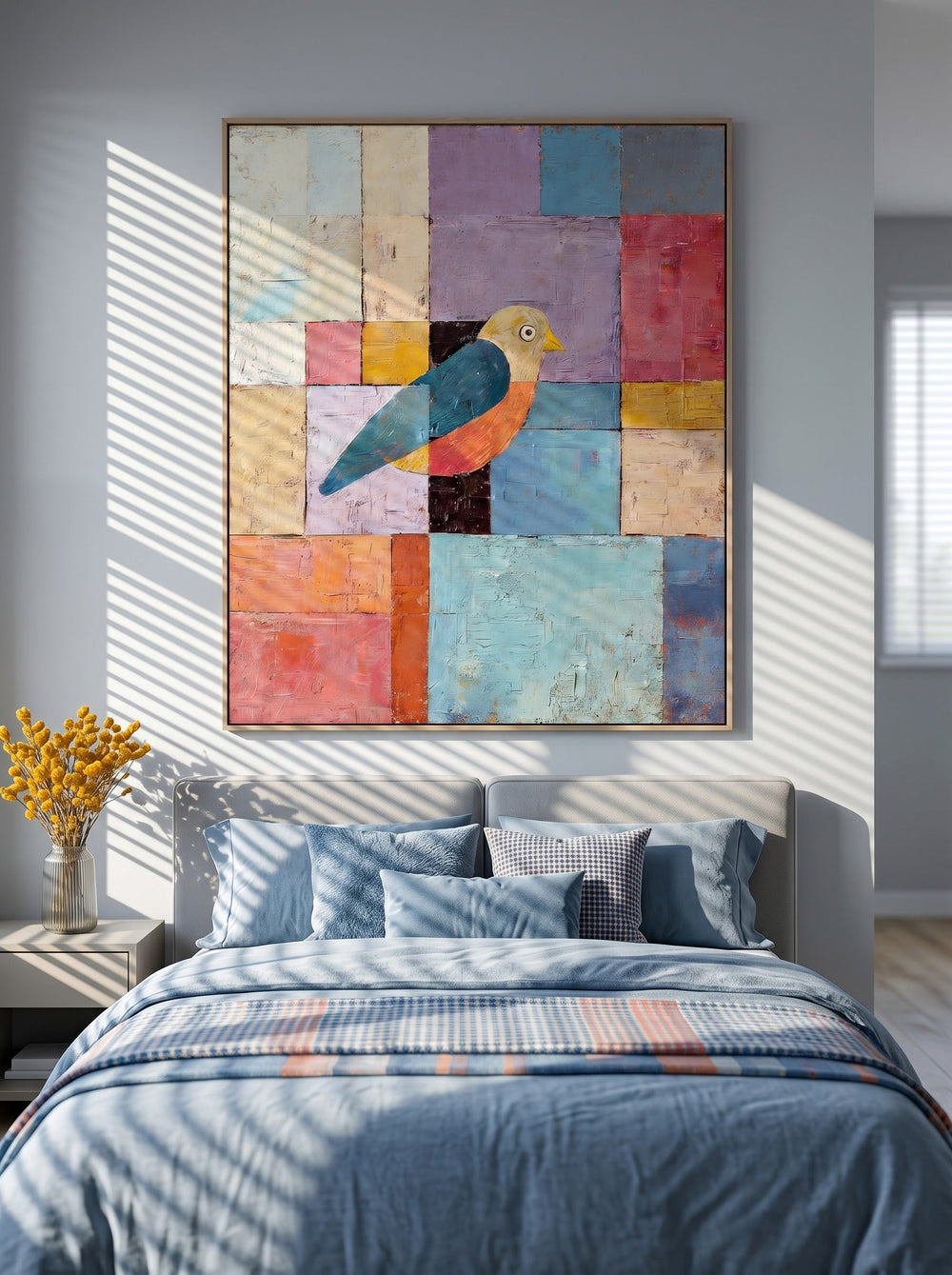 Colorful Geometric Bird Painting Original Oil Art For Modern Living Room Decor
