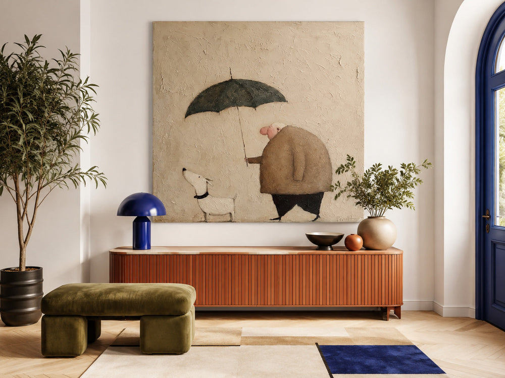 Whimsical Square Canvas Art Cute Man And Pet Under Umbrella For Living Room