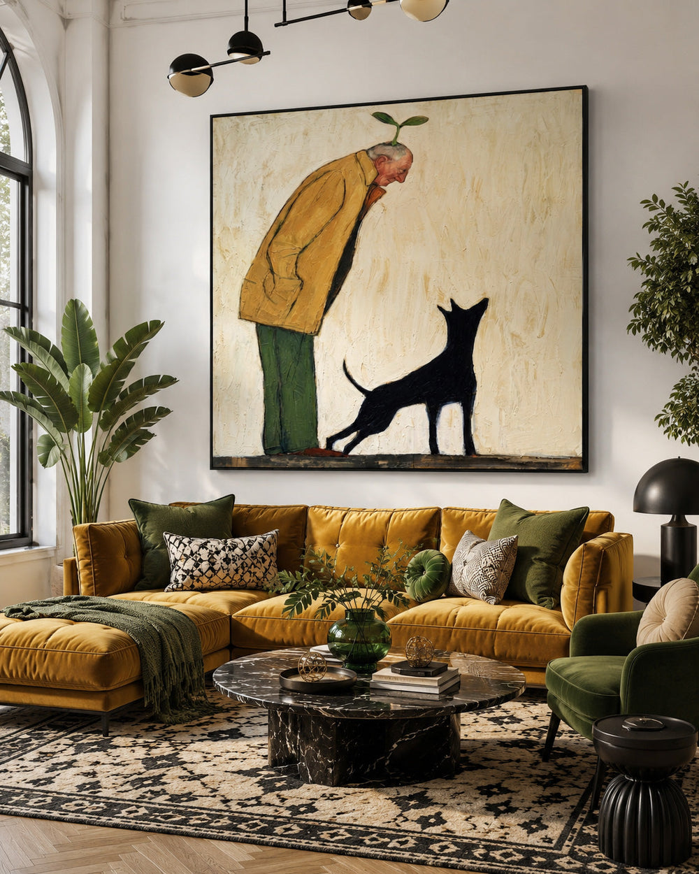 Unique Surreal Portrait Of Man With Plant And Black Dog