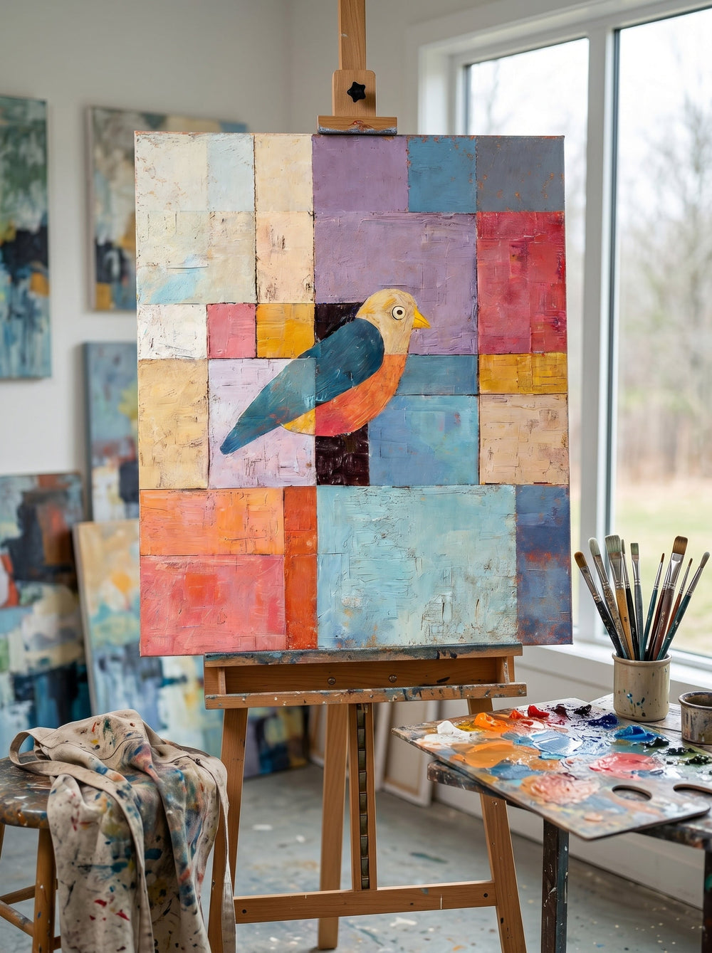 Colorful Geometric Bird Painting Original Oil Art For Modern Living Room Decor