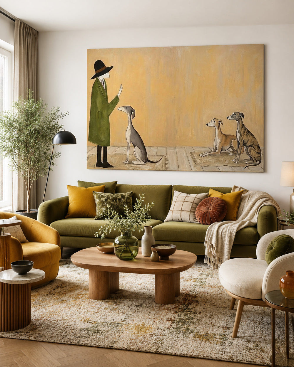 Whimsical Greyhound Art Print Featuring Gentleman And Dogs