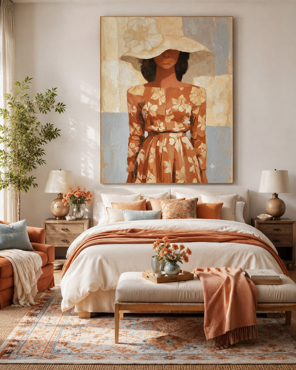 Elegant Female Portrait Painting With Floral Dress And Wide Brimmed Hat For Living Room Decor