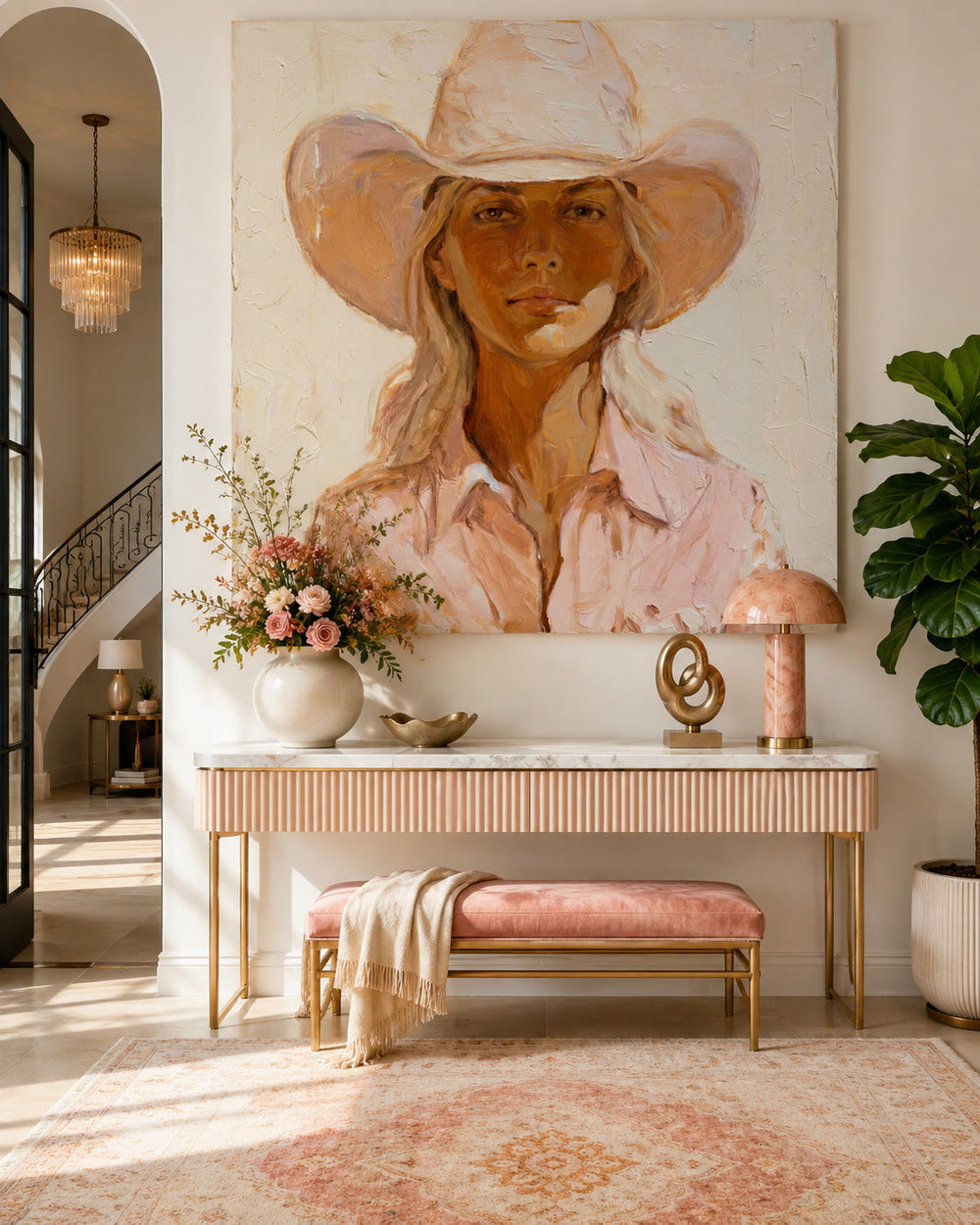 Modern Cowgirl Portrait Painting In Warm Earth Tones For Living Room Decor