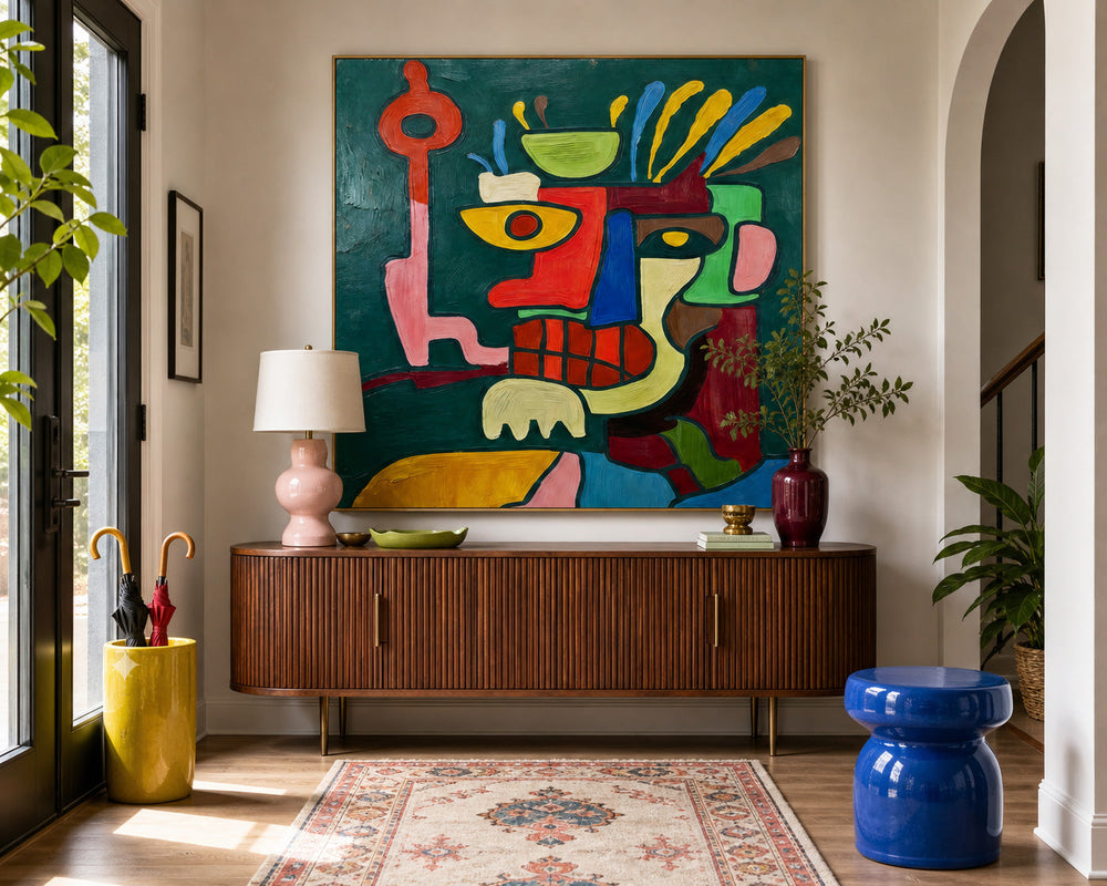 Vibrant Abstract Portrait Painting With Graffiti Elements For Modern Home Decor