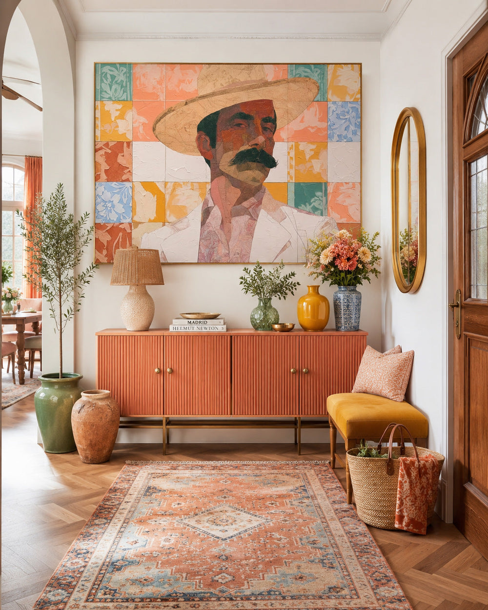 Vintage Cowboy Portrait Art With Floral Tile Background For Living Room Decor