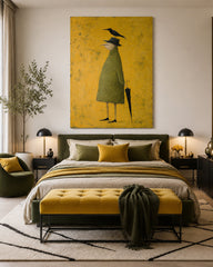 Original Figurative Art Of Man With Crow And Umbrella In Abstract Style For Unique Home Decoration