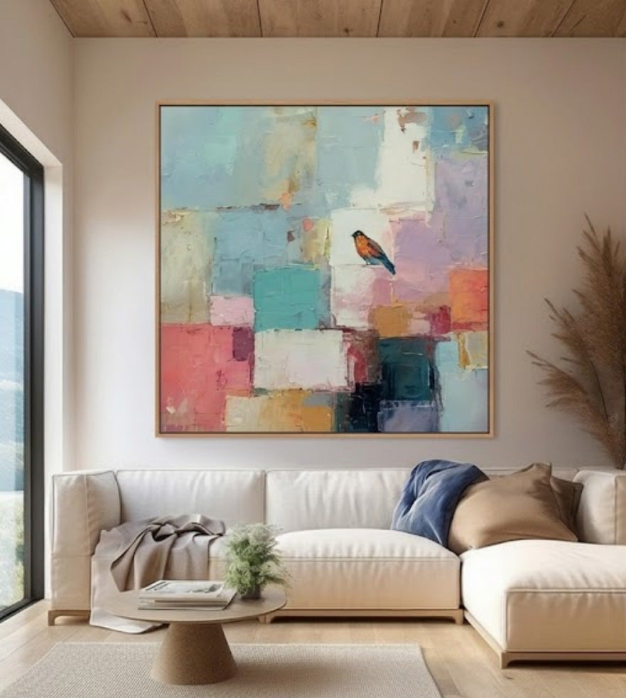 Modern Geometric Bird Painting With Colorful Blocks For Living Room Decor