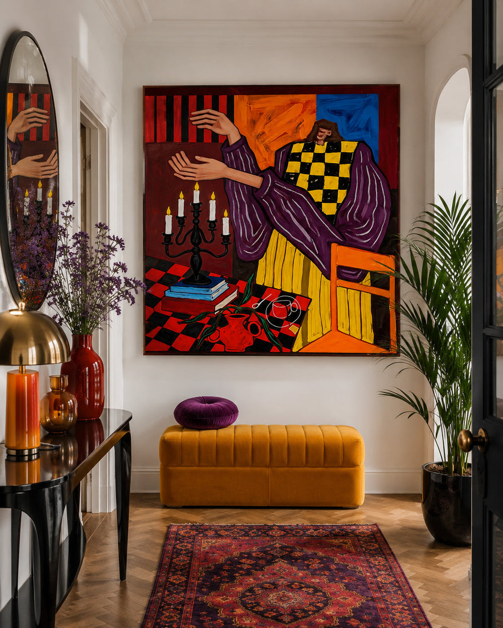 Bold Pop Art Portrait Painting With Red And Yellow Checks For Modern Living Room Decor