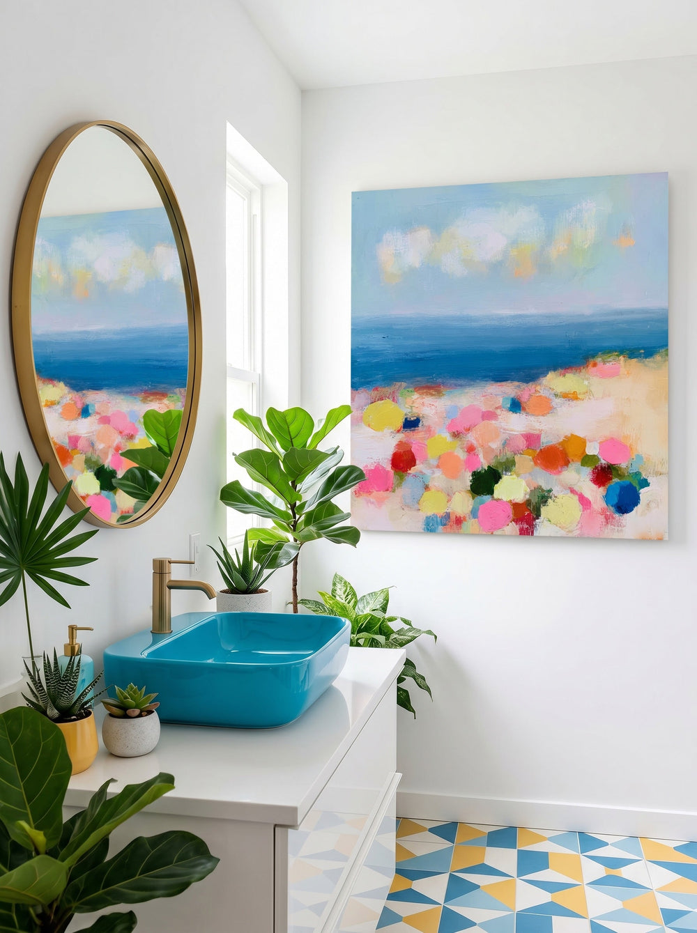 Vibrant Square Canvas Painting Of Seaside Scenery With Expressive Brushstrokes