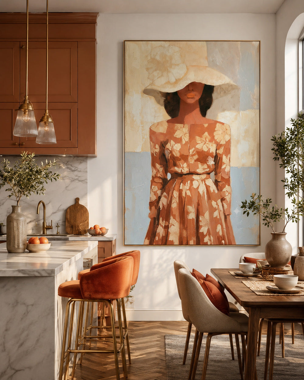 Elegant Female Portrait Painting With Floral Dress And Wide Brimmed Hat For Living Room Decor