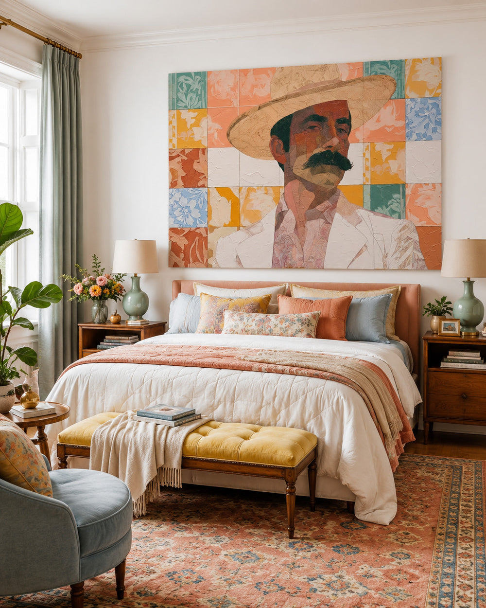 Vintage Cowboy Portrait Art With Floral Tile Background For Living Room Decor