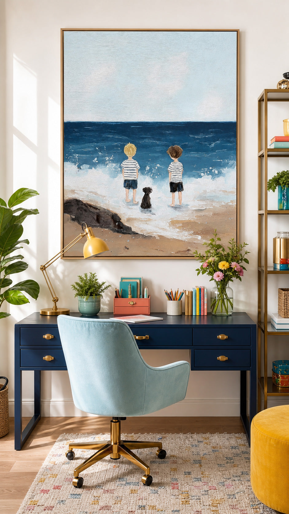 Original Hand Painted Seascape Artwork Featuring Children And Pet On Linen