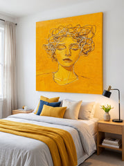 Modern Minimalist Face Line Art Painting With Golden Hue For Contemporary Home Decor