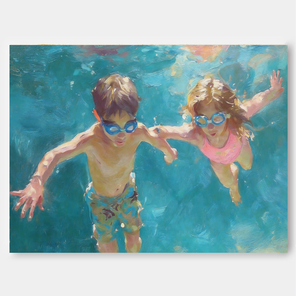 Charming Kids Swimming Oil Painting For Modern Family Home Decor Wall Art