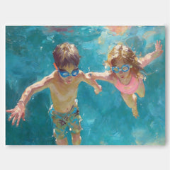 Charming Kids Swimming Oil Painting For Modern Family Home Decor Wall Art