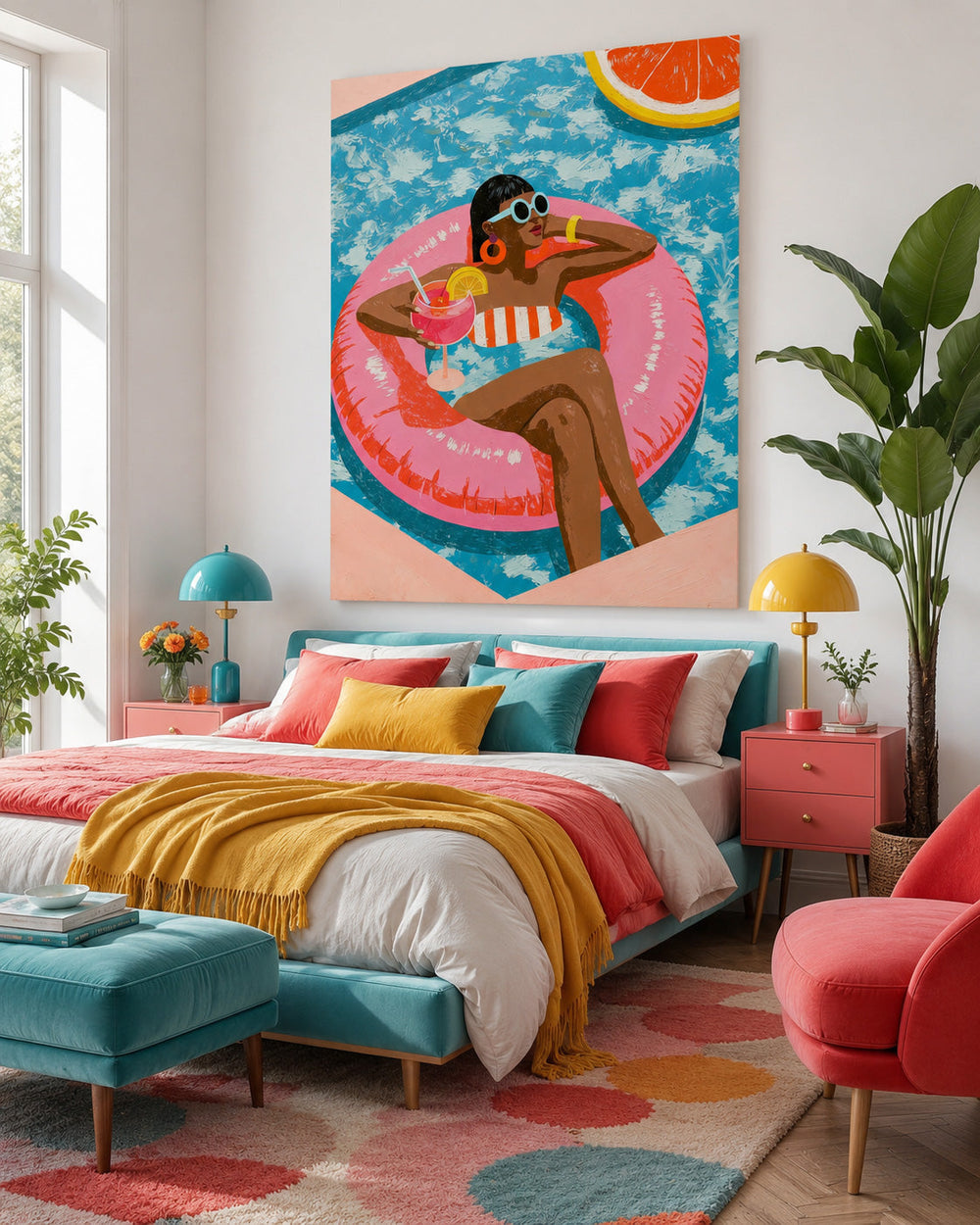 Vibrant Poolside Pop Art Painting With Citrus Motifs For Summer Home Decor