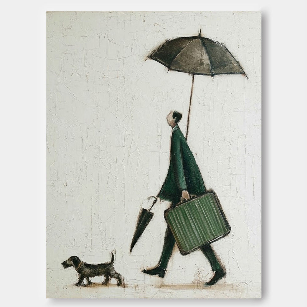 Minimalist Green Man With Dog Original Oil Painting On Linen Canvas For Modern Home Decor
