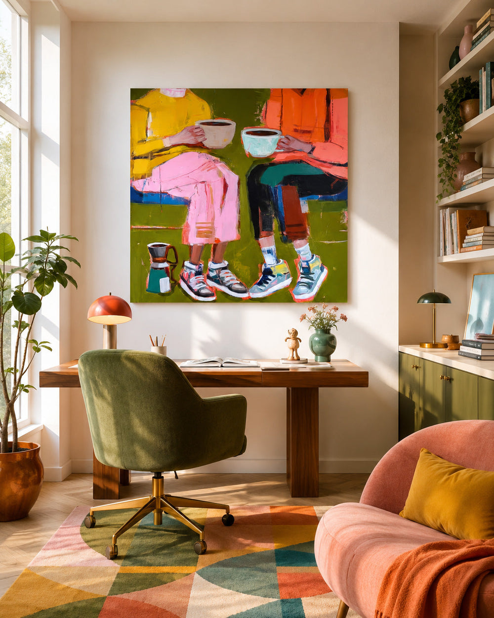 Square Canvas Artwork Depicting Modern Friendship Through Colorful Expressionist Style