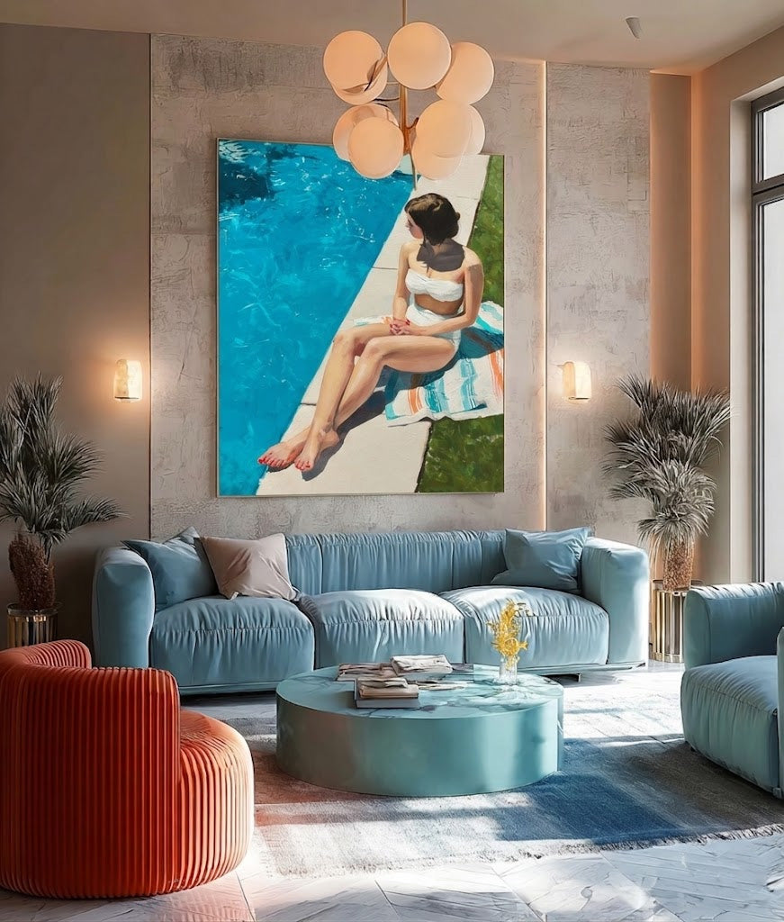 Woman By The Pool Original Oil Painting For Modern Living Room Decor