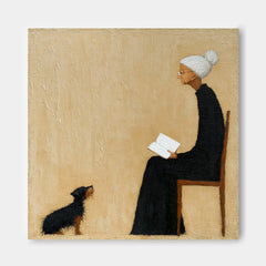 Handmade Oil Painting Of Grandma And Her Loyal Dog In Minimal Style
