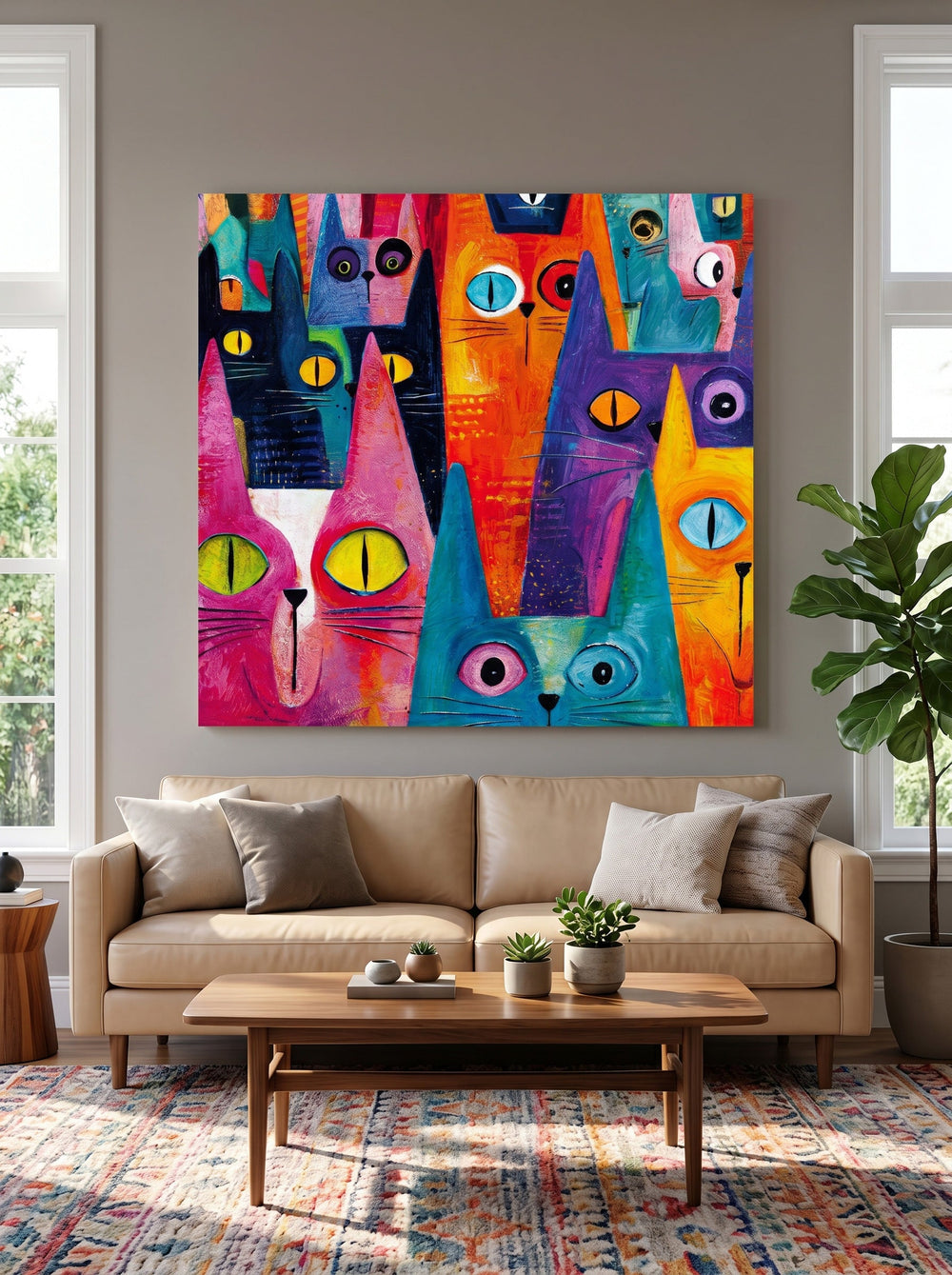 Whimsical Feline Art Print Geometric Cats In Pink Blue Orange For Nursery Or Office