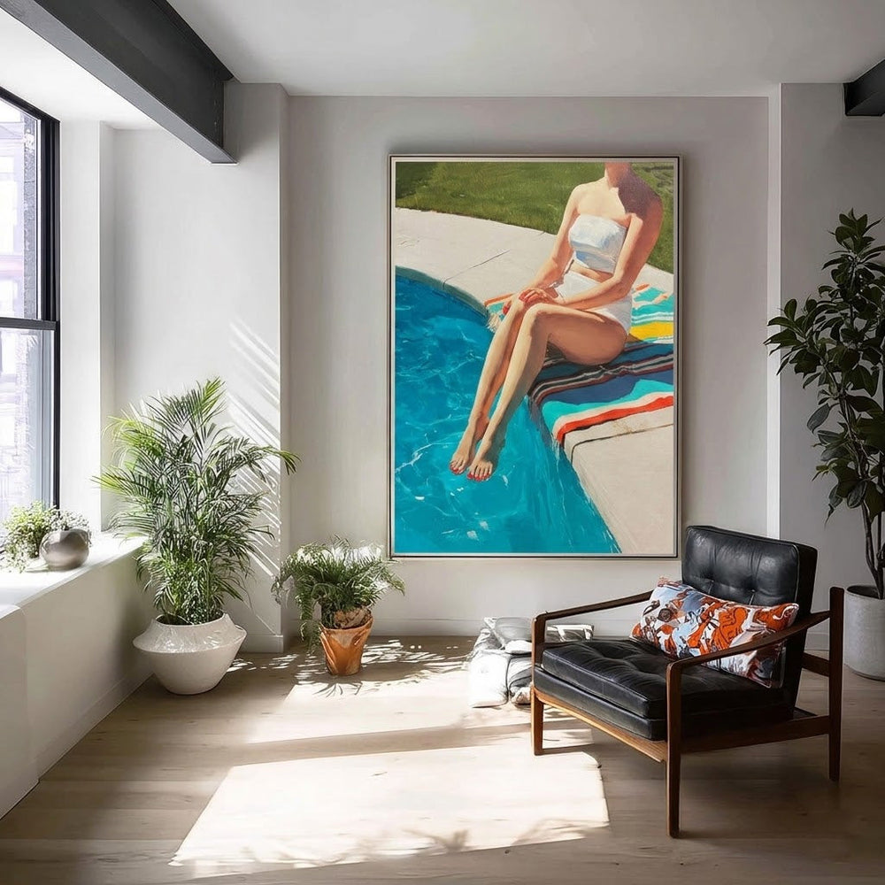 Poolside Figure Painting For Modern Home Decor With Vibrant Blue Tones