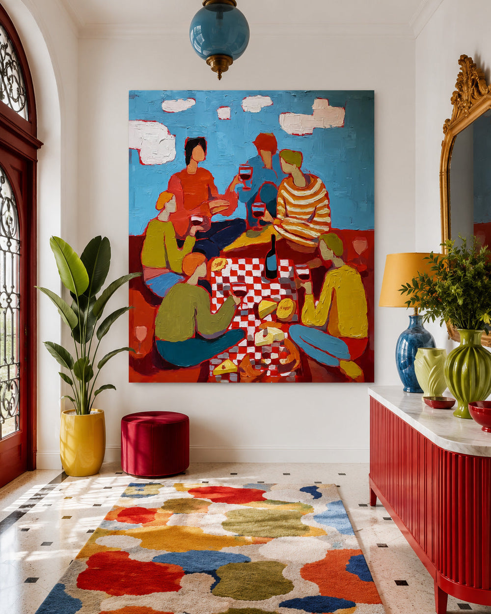 Original Expressionist Oil Painting Of Friends Picnic Scene On Canvas