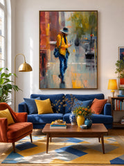 Expressive Yellow And Blue Oil Painting Of A Person In The City