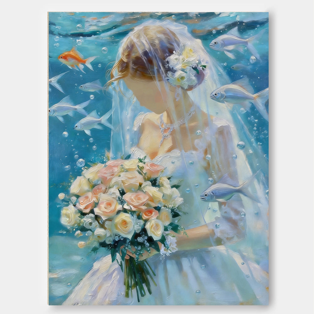 Unique Square Canvas Art Of Bride Underwater With Bouquet For Living Room Wall