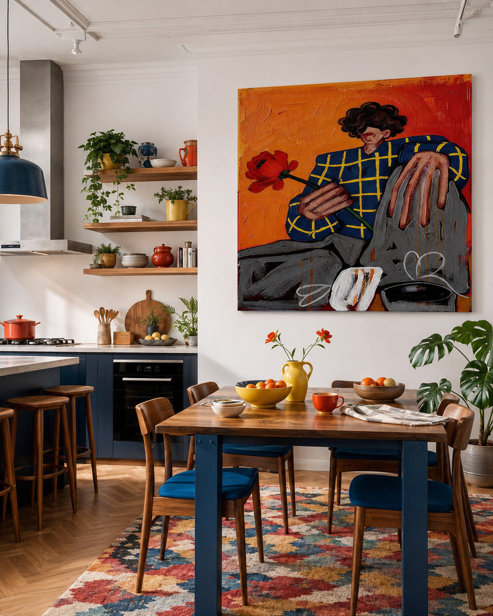 Modern Expressive Portrait Painting With Red Flower For Living Room Wall Art Decor