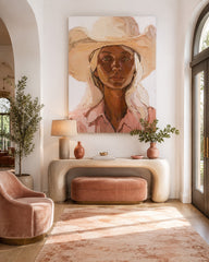 Modern Woman Portrait Painting With Warm Beige Tones For Living Room Decor