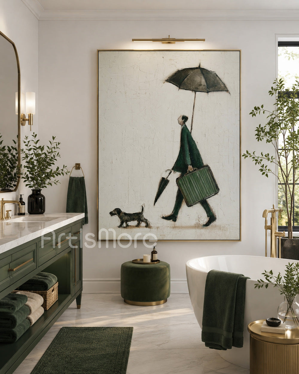 Minimalist Green Man With Dog Original Oil Painting On Linen Canvas For Modern Home Decor