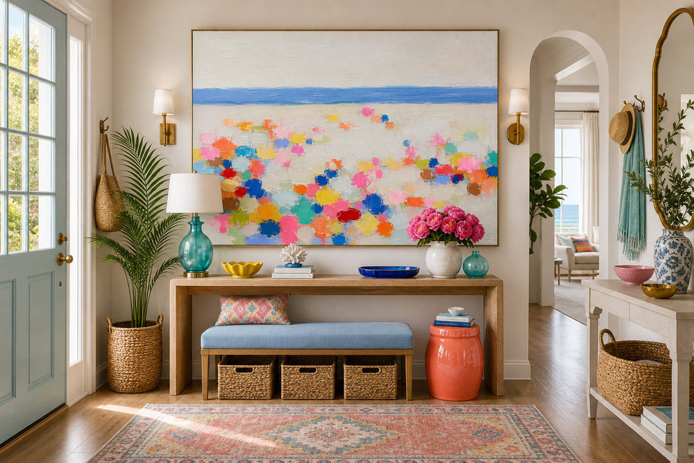 Hand Painted Textured Canvas Art Featuring Bright Geometric Shapes And Sea Views