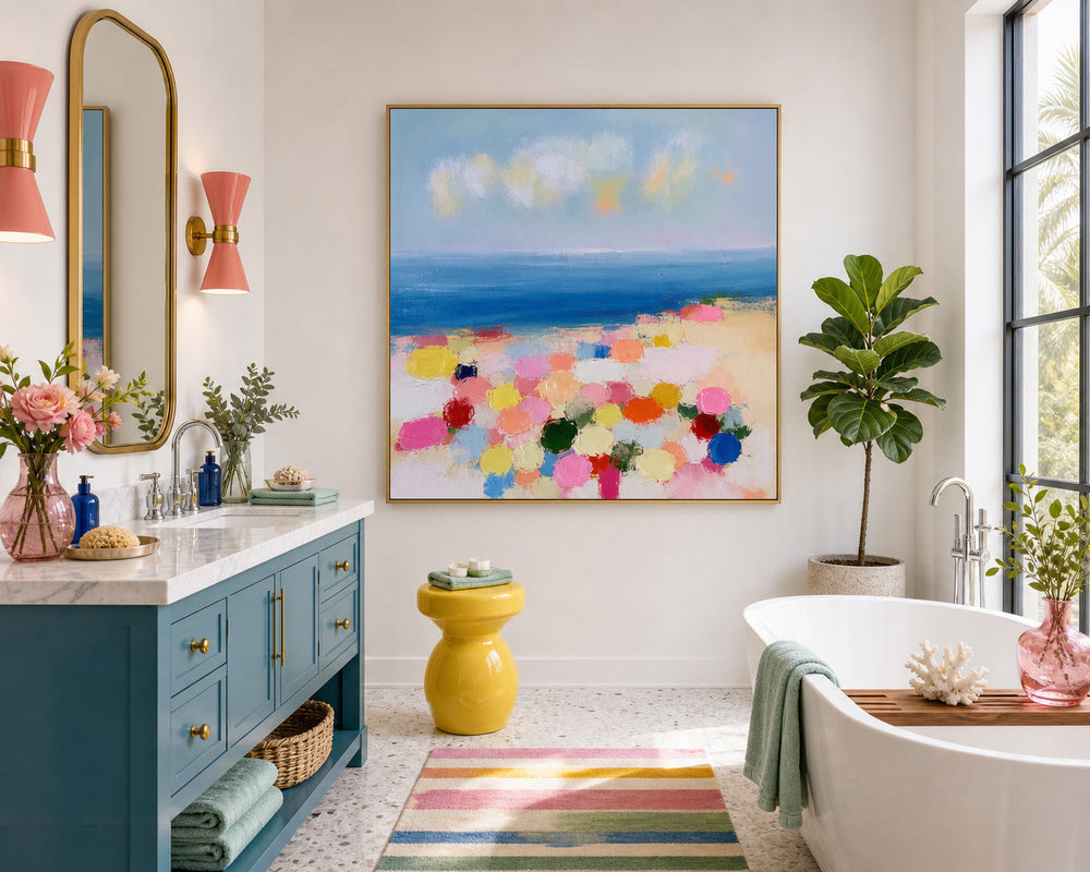 Vibrant Square Canvas Painting Of Seaside Scenery With Expressive Brushstrokes