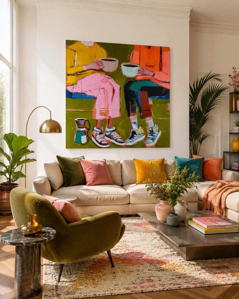 Square Canvas Artwork Depicting Modern Friendship Through Colorful Expressionist Style