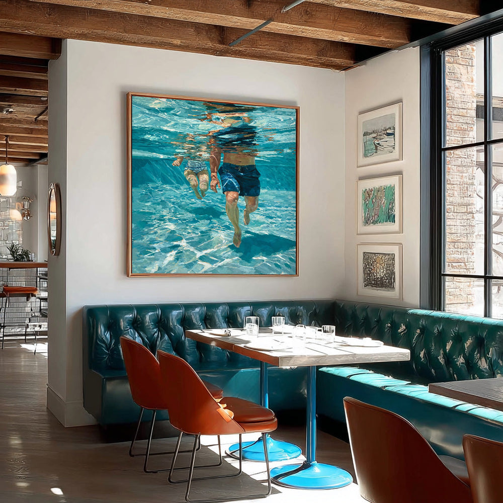 Underwater Swimming Art For Modern Coastal Living Room Decor With Blue Tones
