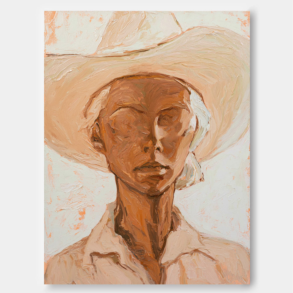 Original Oil Painting Of Woman In Hat With Expressive Texture For Entryway And Hallway