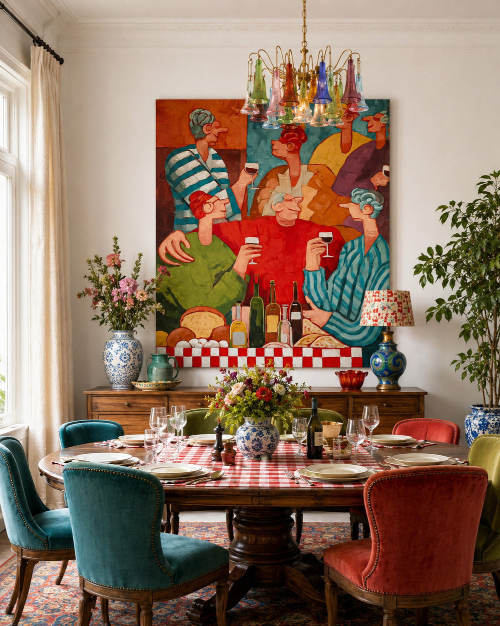 Vibrant People Painting Of Festive Dinner Party For Dining Room Wall Decor