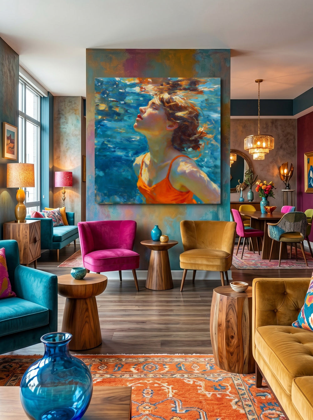 Serene Woman Swimming In Blue Water Original Oil Painting For Modern Home Decor