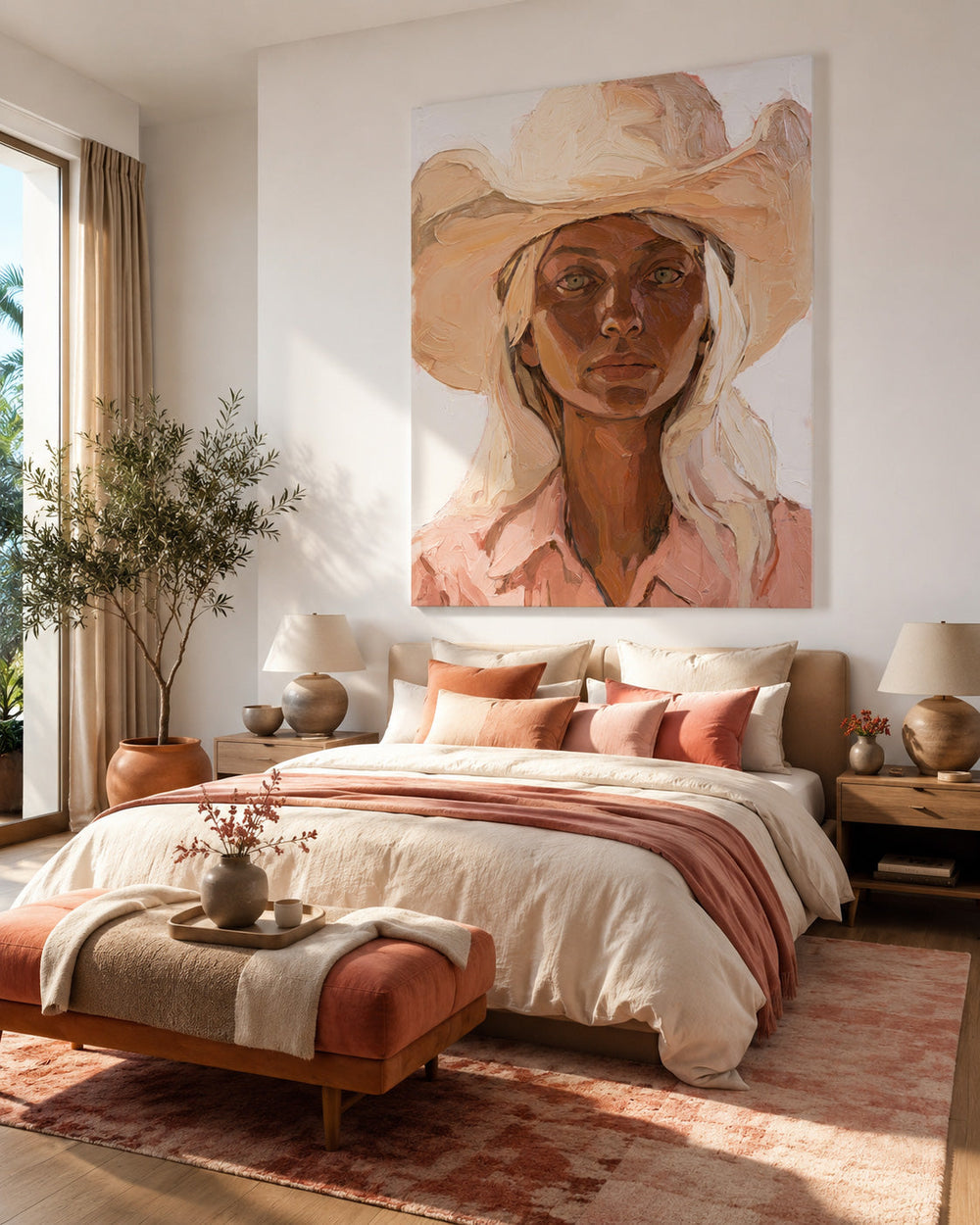 Modern Woman Portrait Painting With Warm Beige Tones For Living Room Decor