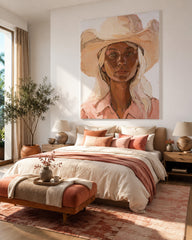 Modern Woman Portrait Painting With Warm Beige Tones For Living Room Decor