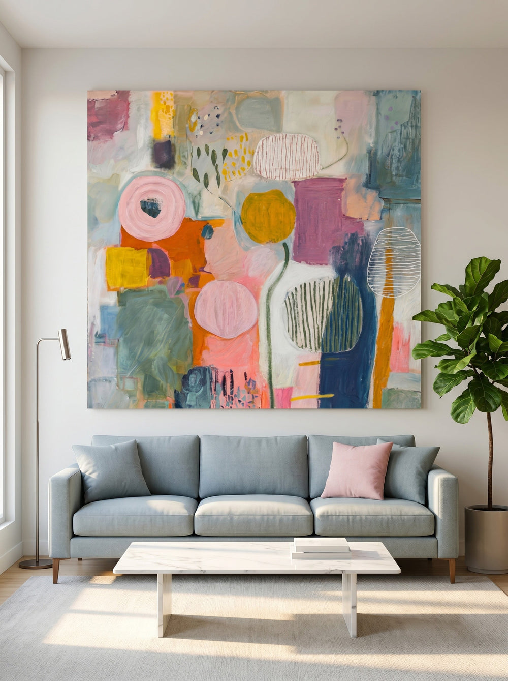Original Hand Painted Abstract Art On Linen Canvas With Expressive Texture And Whimsical Design For Home Office