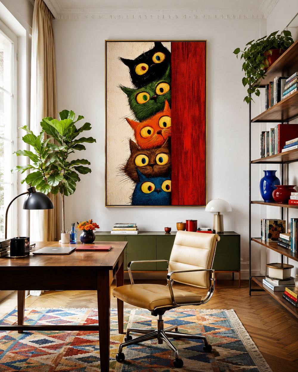 Vibrant Multi Colored Cat Artwork Illustrative Style For Modern Living Rooms