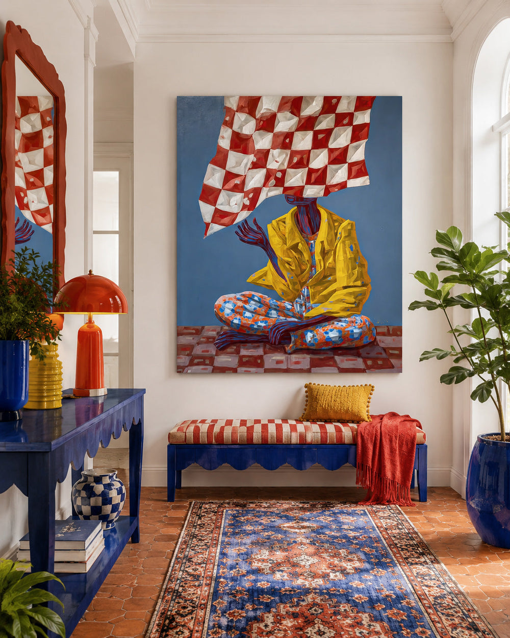Original Surrealist People Painting With Bold Colors And Abstract Patterns For Modern Wall Art