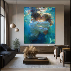 Impressionist Original Oil Painting Of Couple Kissing Underwater In Blue Tones For Bedroom Decor